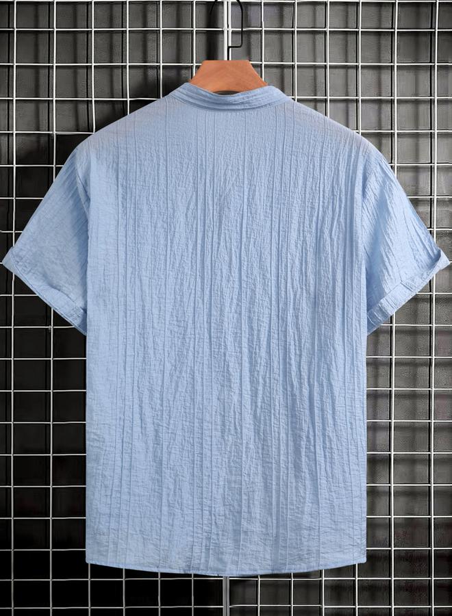 Take Two Men Light Blue Textured Mandarin Collar Shirt - Image 2